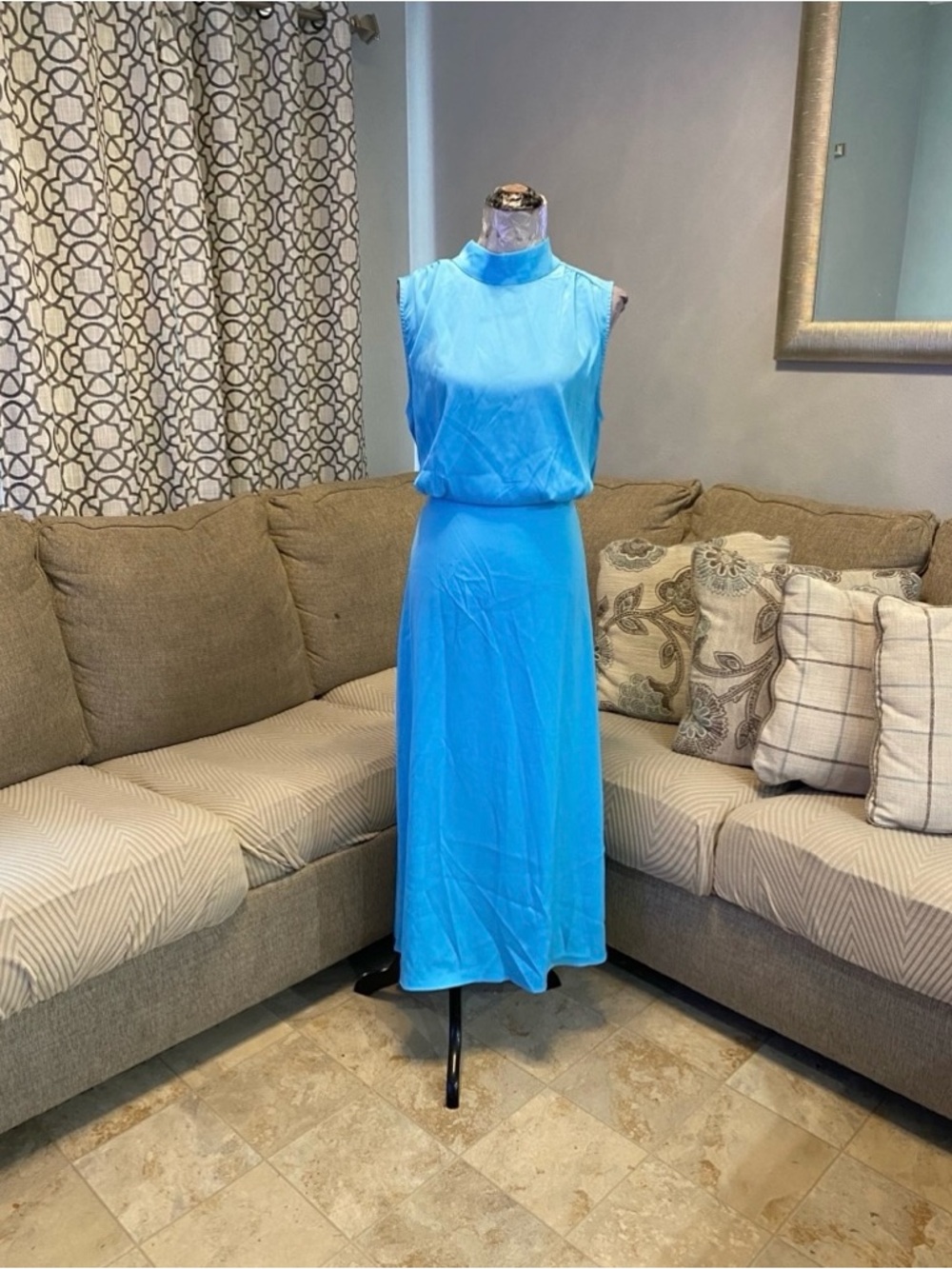 New Women XL Vintage-style sky blue satin Maxi dress,high mock neck, sleeveless